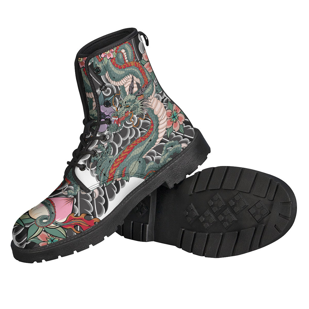 Green Japanese Dragon Tattoo Print Leather Boots for Groovy Hippies - 2