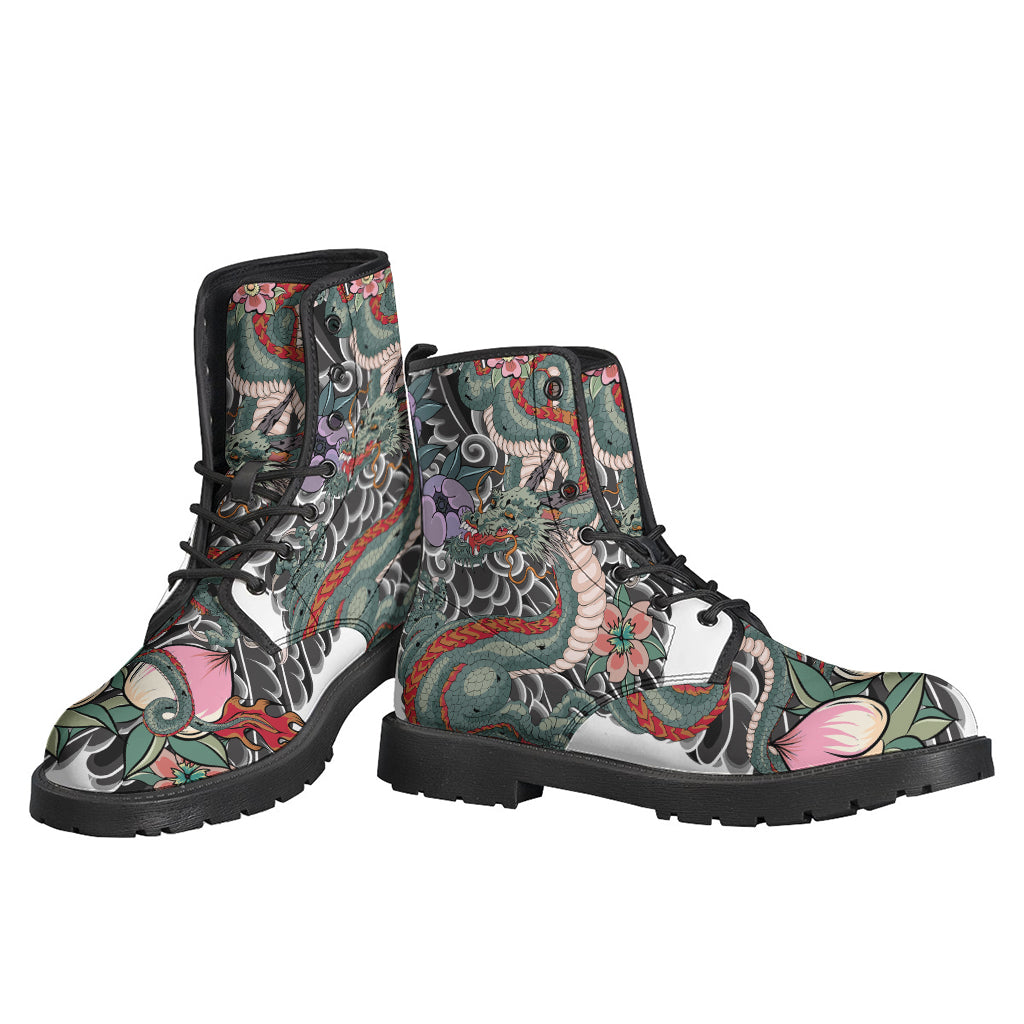 Green Japanese Dragon Tattoo Print Leather Boots for Groovy Hippies - 3