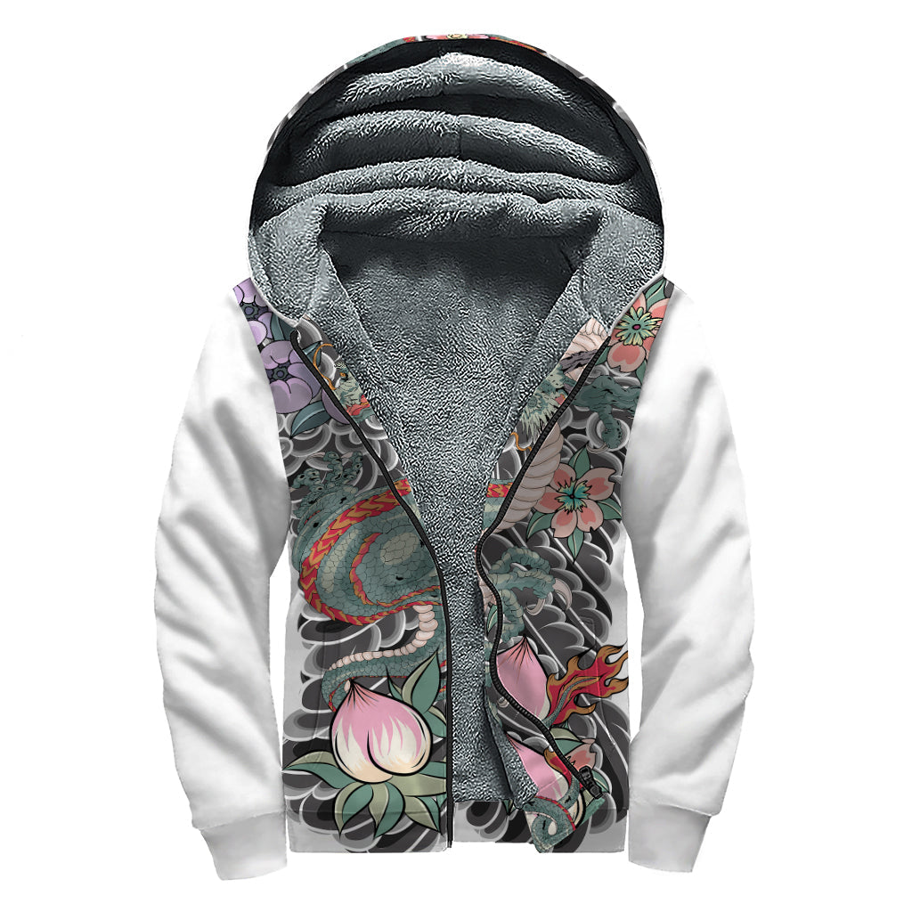 Green Japanese Dragon Tattoo Print Sherpa Lined Zip Up Hoodie for the Groovy Hippies - 1