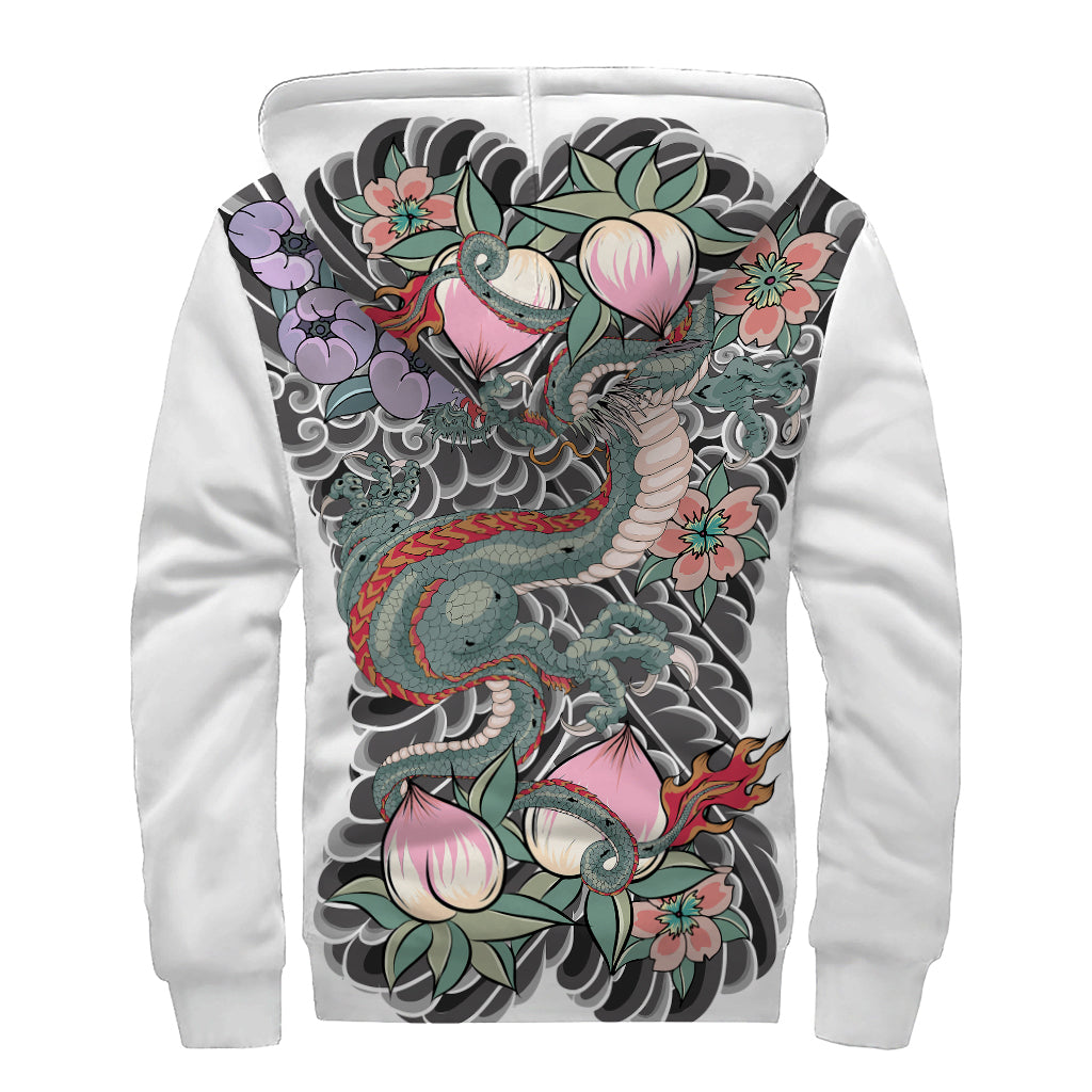 Green Japanese Dragon Tattoo Print Sherpa Lined Zip Up Hoodie for the Groovy Hippies - 2