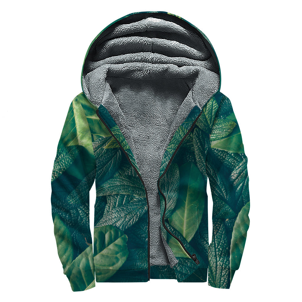 Green Leaves Print Sherpa Lined Zip Up Hoodie for Earthy Hippie Style - 1