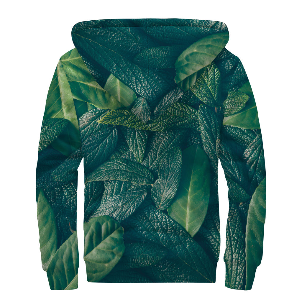 Green Leaves Print Sherpa Lined Zip Up Hoodie for Earthy Hippie Style - 2