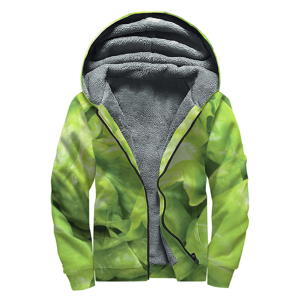 Green Lettuce Leaves Print Sherpa Lined Zip Up Hoodie for the Groovy Hippie in You - 1