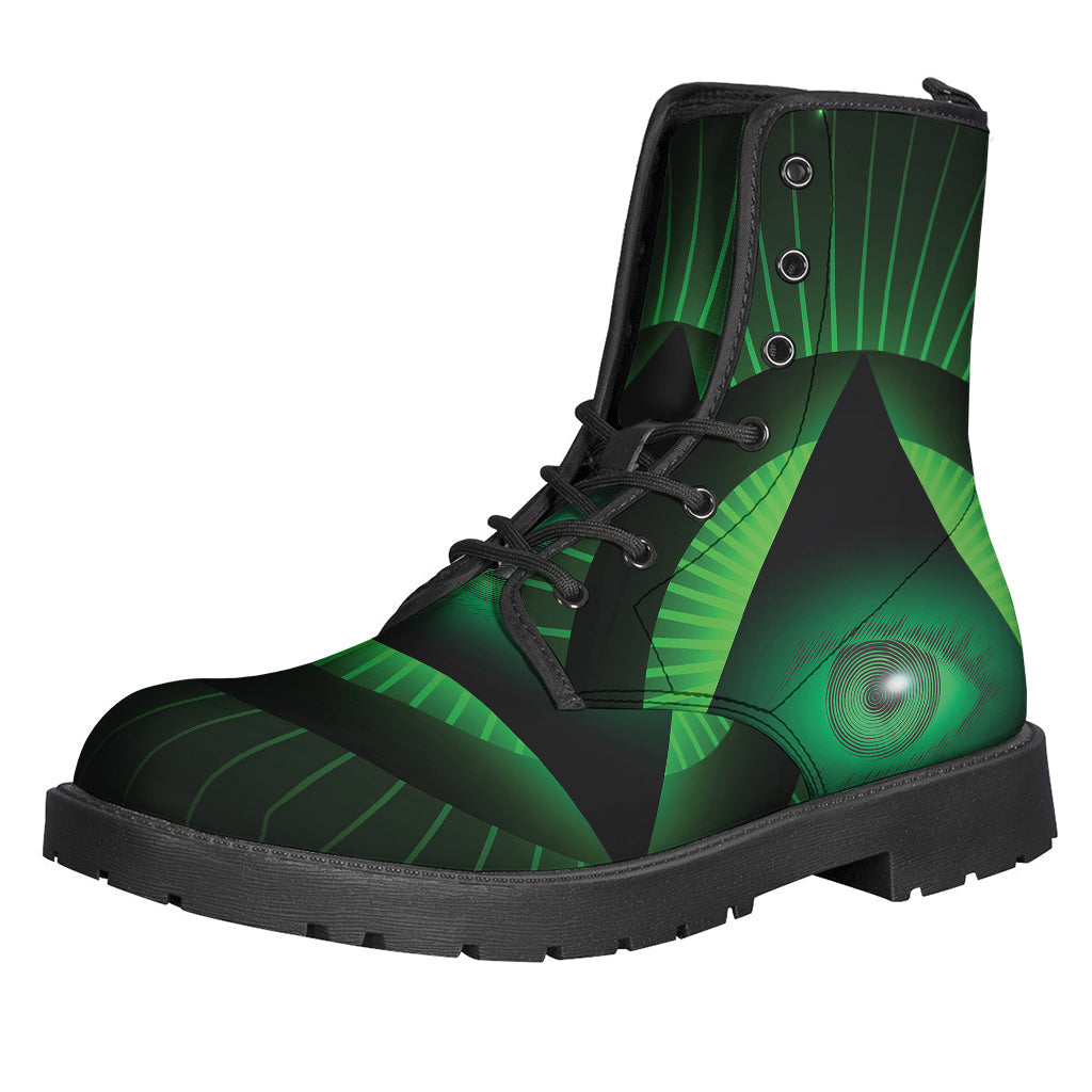 Groovy Green Masonic Eye Print Leather Lightweight Boots for Free-Spirited Hippies - 1