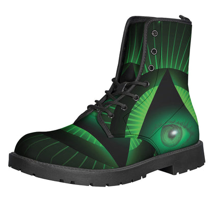 Groovy Green Masonic Eye Print Leather Lightweight Boots for Free-Spirited Hippies - 1