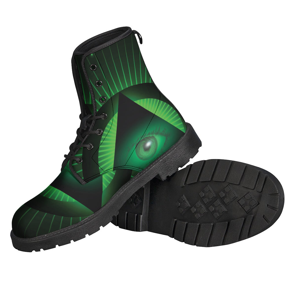 Groovy Green Masonic Eye Print Leather Lightweight Boots for Free-Spirited Hippies - 2