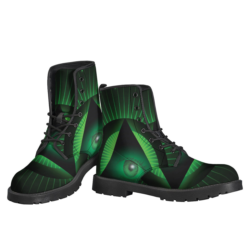 Groovy Green Masonic Eye Print Leather Lightweight Boots for Free-Spirited Hippies - 3