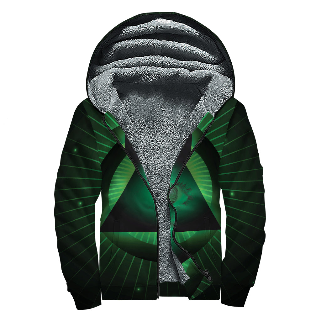 Groovy Green Masonic Eye Print Sherpa Lined Zip Up Hoodie for Free-Spirited Hippies - 1