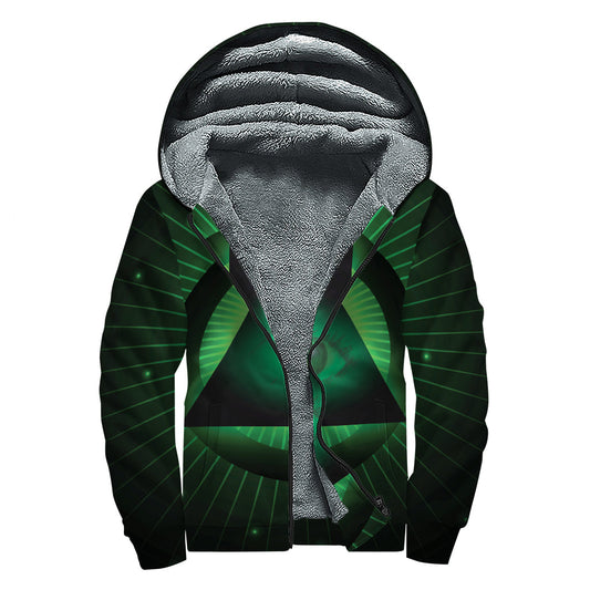 Groovy Green Masonic Eye Print Sherpa Lined Zip Up Hoodie for Free-Spirited Hippies - 1