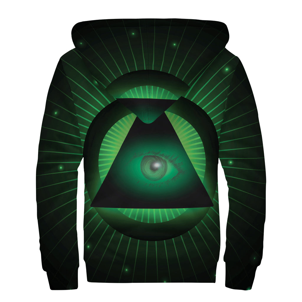 Groovy Green Masonic Eye Print Sherpa Lined Zip Up Hoodie for Free-Spirited Hippies - 2