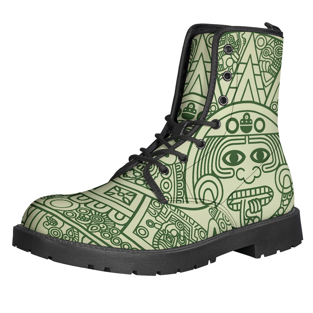 Green Maya Calendar Print Leather Boots: Step Out in Hippie Style! - 1