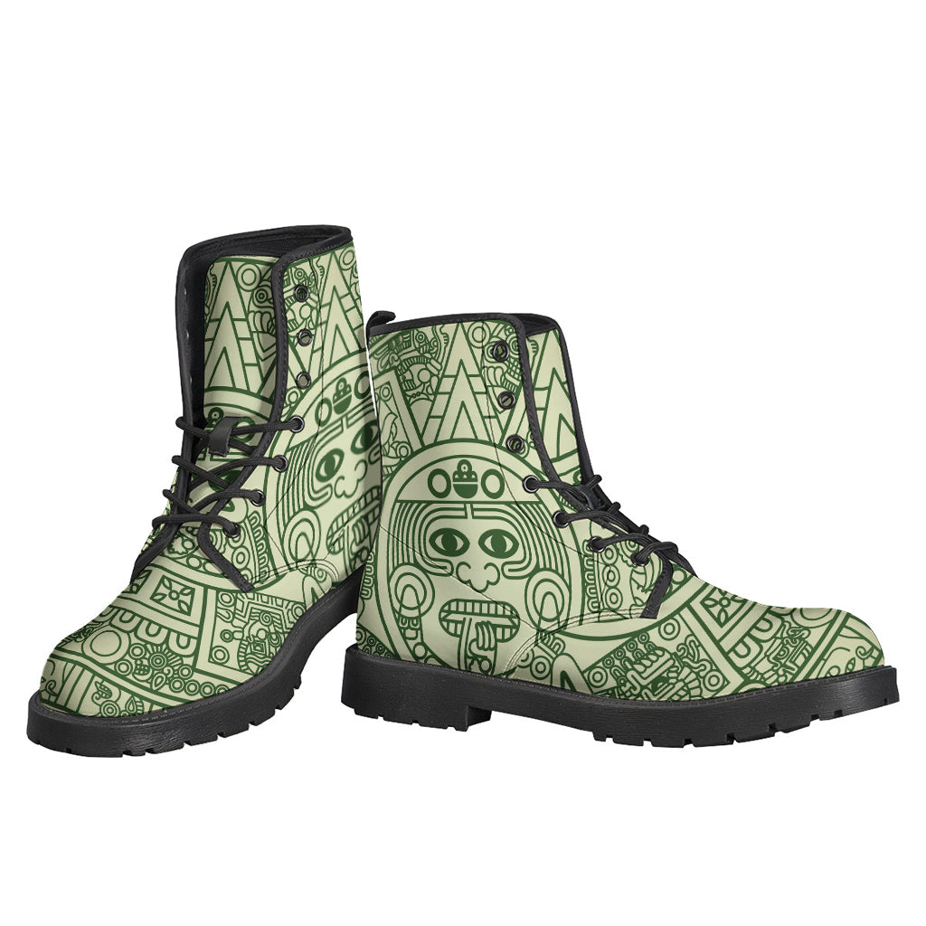 Green Maya Calendar Print Leather Boots: Step Out in Hippie Style! - 3