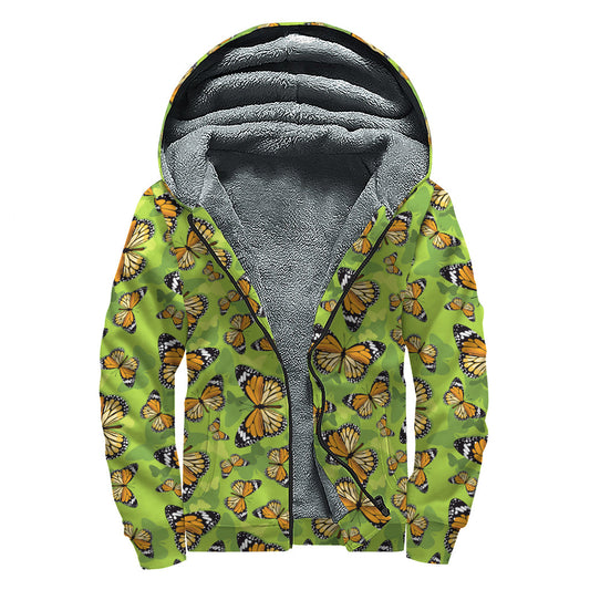 Groovy Green Monarch Butterfly Sherpa Lined Zip Up Hoodie - 1