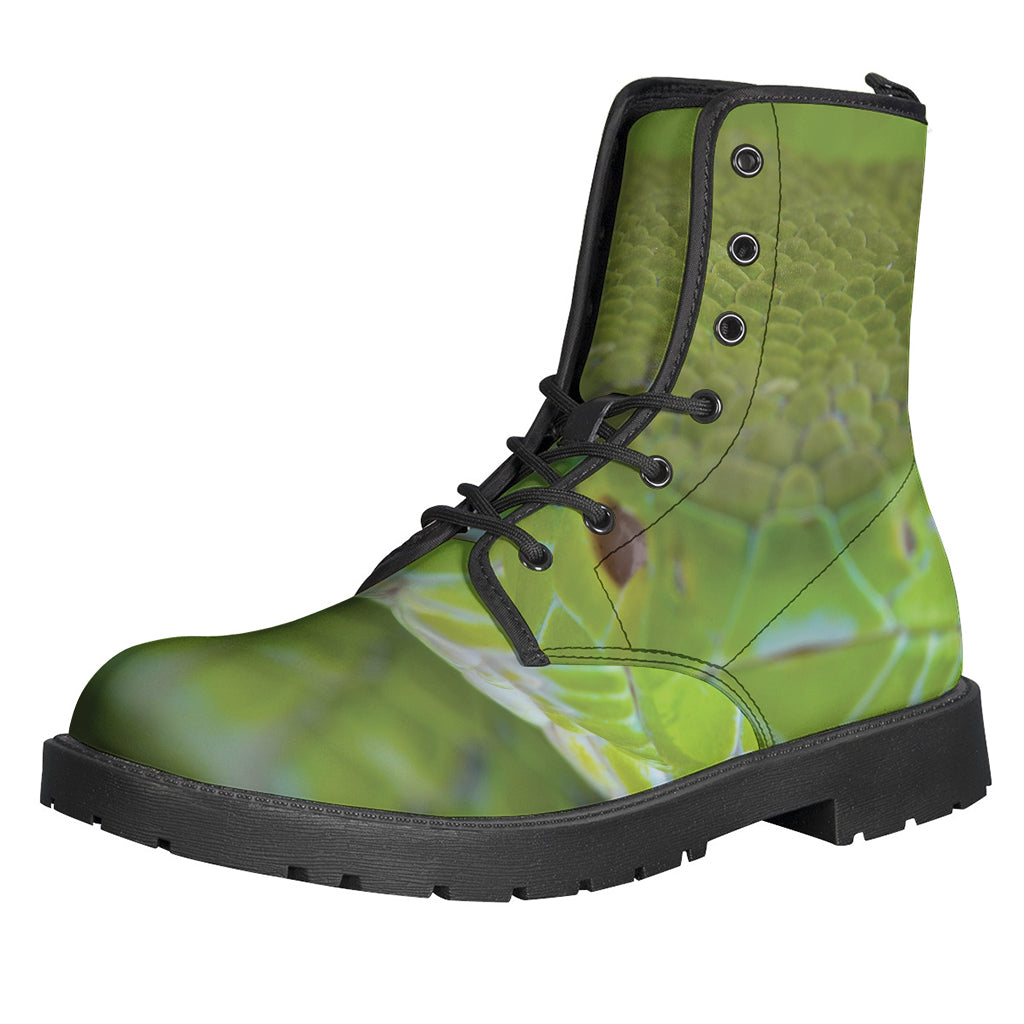 Green Pit Viper Print Leather Boots: The Perfect Pair for Hippie Style! - 1