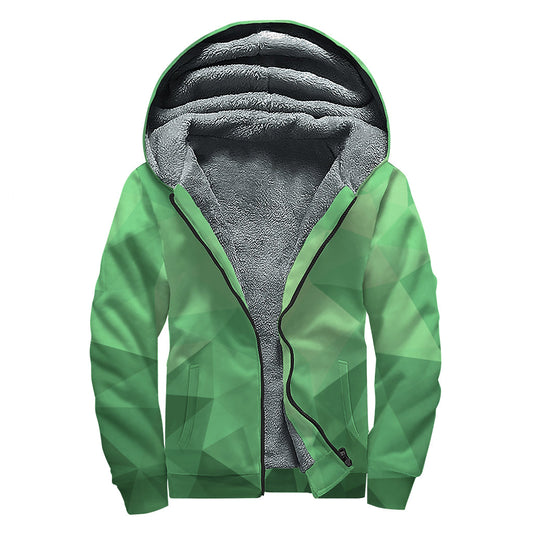 Green Polygonal Geometric Print Sherpa Lined Zip Up Hoodie for Groovy Hippies - 1