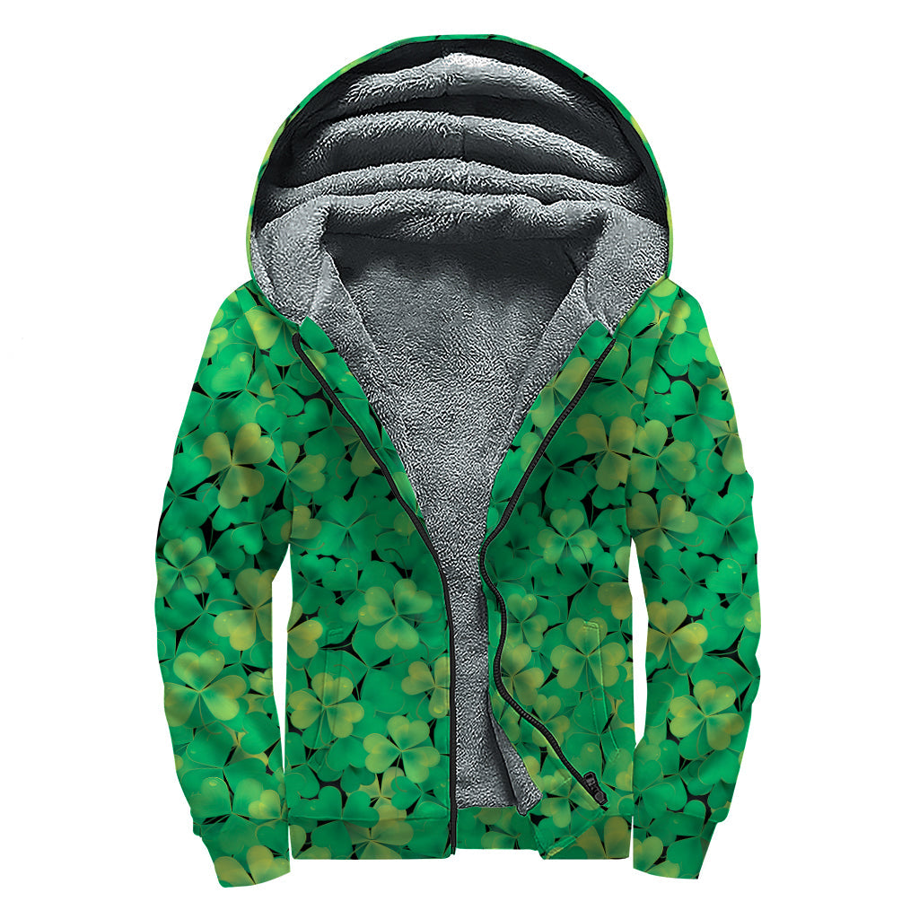 Green Shamrock Leaf Print Sherpa Lined Zip Up Hoodie for Groovy Hippies - 1