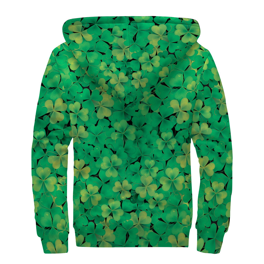 Green Shamrock Leaf Print Sherpa Lined Zip Up Hoodie for Groovy Hippies - 2