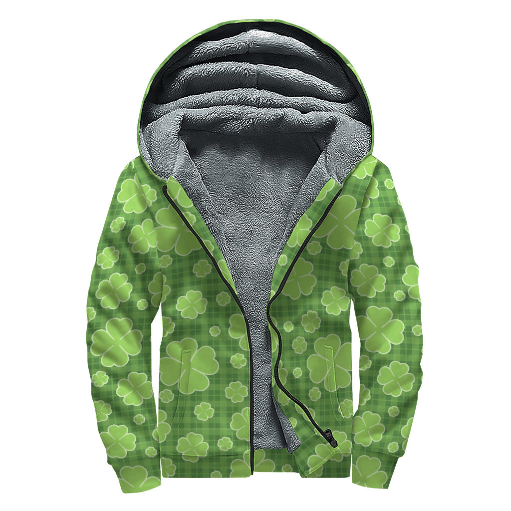 Green Shamrock Plaid Sherpa Lined Zip Up Hoodie for Groovy Hippies - 1