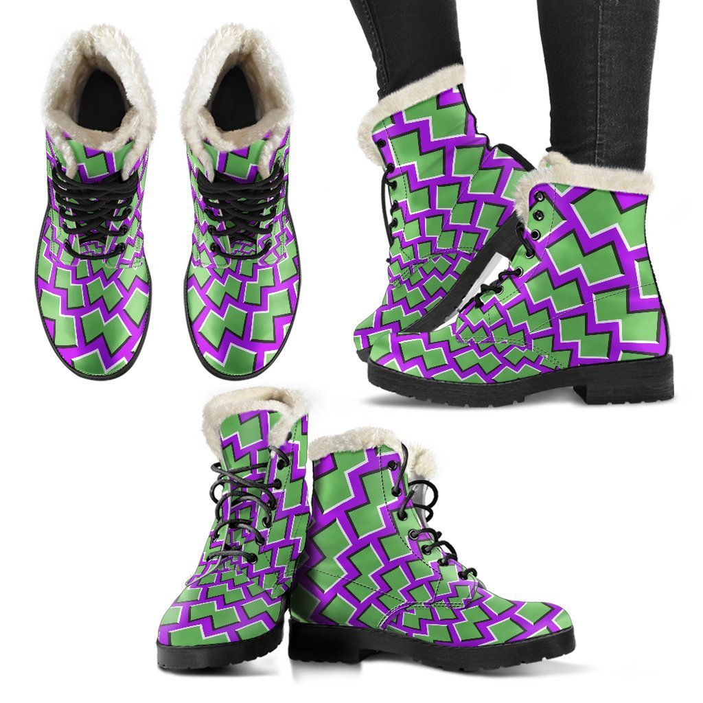 Green Shapes Moving Optical Illusion Faux Fur Leather Boots for Groovy Hippies - 2