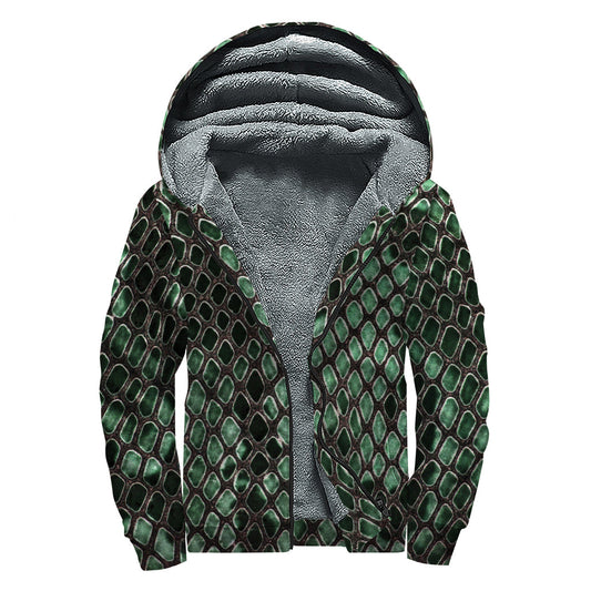 Green Snakeskin Print Sherpa Lined Zip Up Hoodie for Groovy Hippies - 1