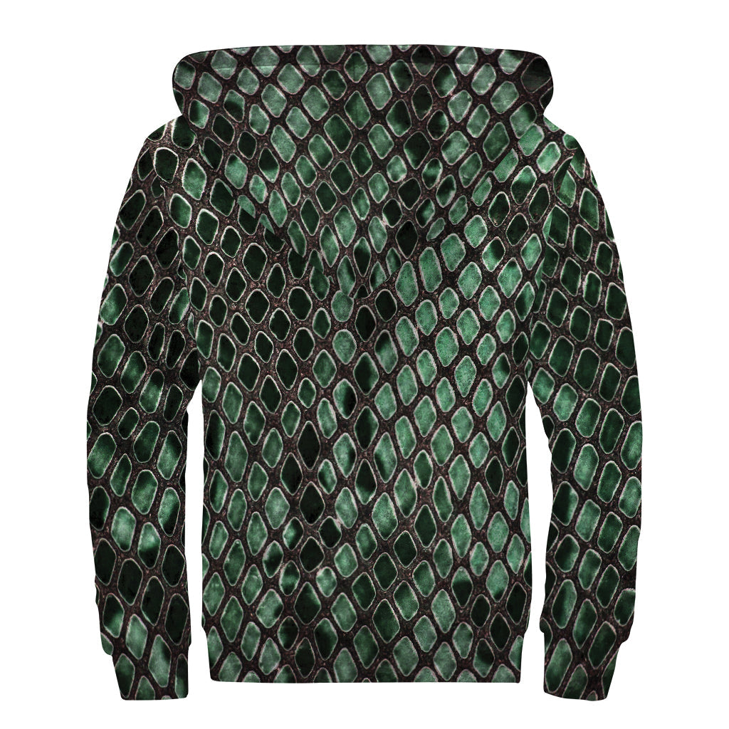 Green Snakeskin Print Sherpa Lined Zip Up Hoodie for Groovy Hippies - 2