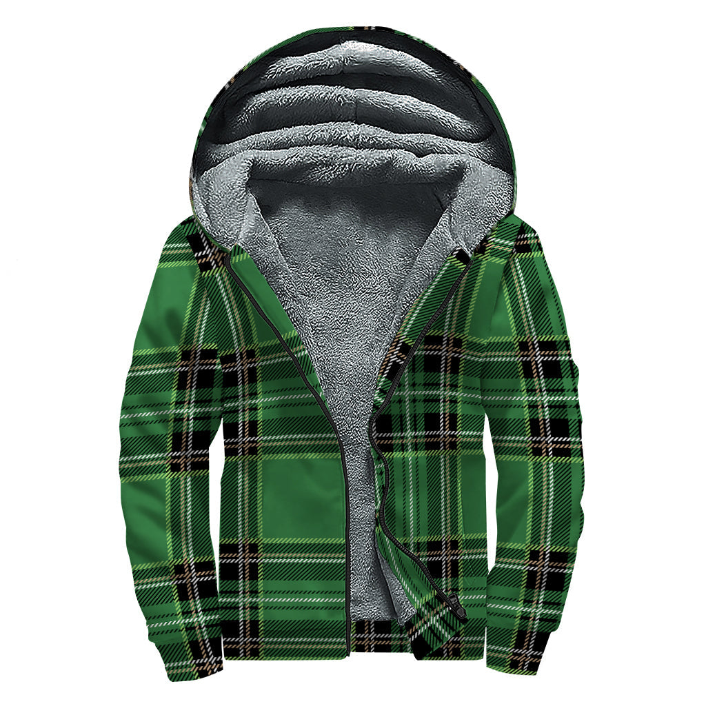 Green Stewart Tartan Pattern Print Sherpa Lined Zip Up Hoodie for Groovy Hippies - 1