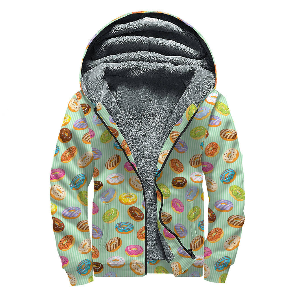 Green Striped Donut Pattern Print Sherpa Zip Up Hoodie: Embrace Your Inner Hippie Style - 1