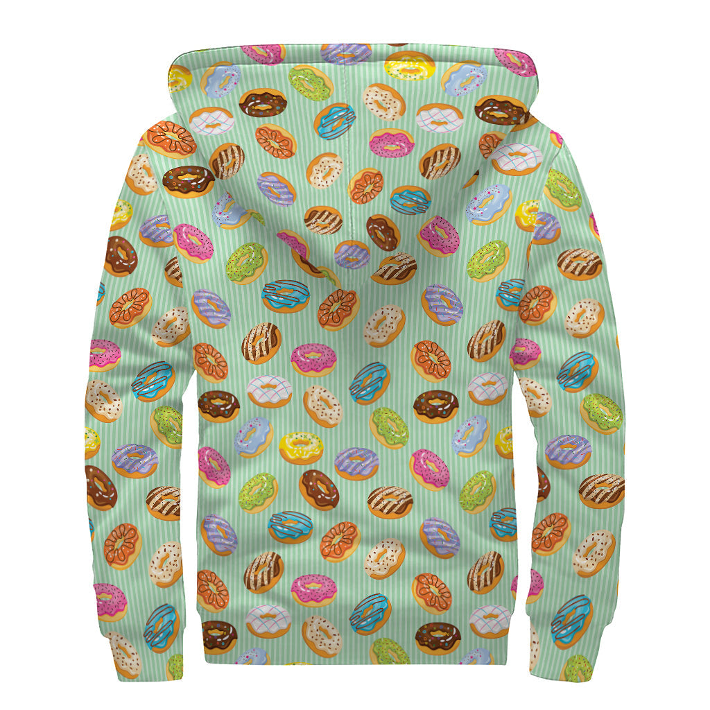 Green Striped Donut Pattern Print Sherpa Zip Up Hoodie: Embrace Your Inner Hippie Style - 2