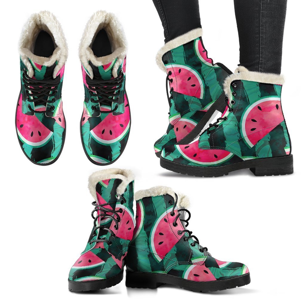 Boho-Chic Bliss: Green Striped Watermelon Faux Fur Leather Boots - 2