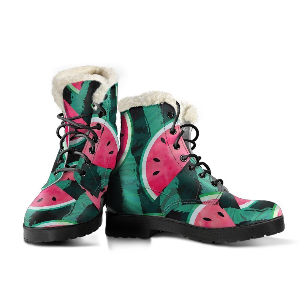 Boho-Chic Bliss: Green Striped Watermelon Faux Fur Leather Boots - 3