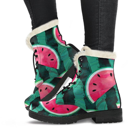 Boho-Chic Bliss: Green Striped Watermelon Faux Fur Leather Boots - 1