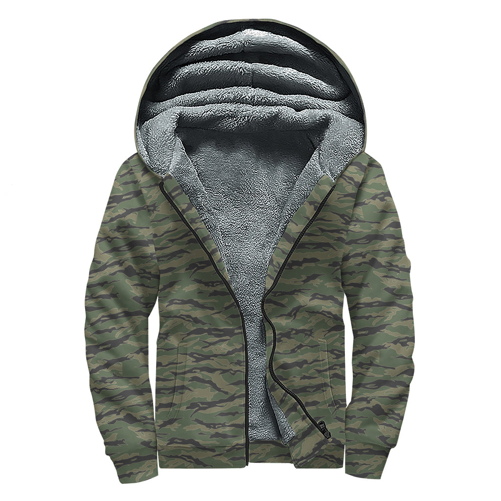 Peaceful Vibes: Green Tiger Stripe Camouflage Print Sherpa Lined Zip Up Hoodie - 1