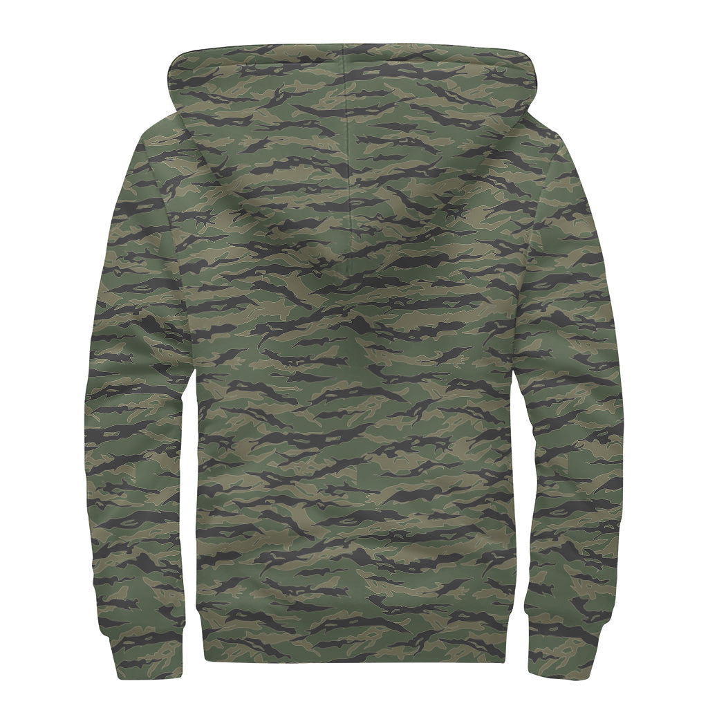 Peaceful Vibes: Green Tiger Stripe Camouflage Print Sherpa Lined Zip Up Hoodie - 2