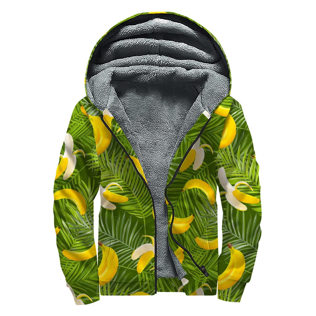 Green Tropical Banana Pattern Print Sherpa Lined Zip Up Hoodie for Groovy Hippies - 1