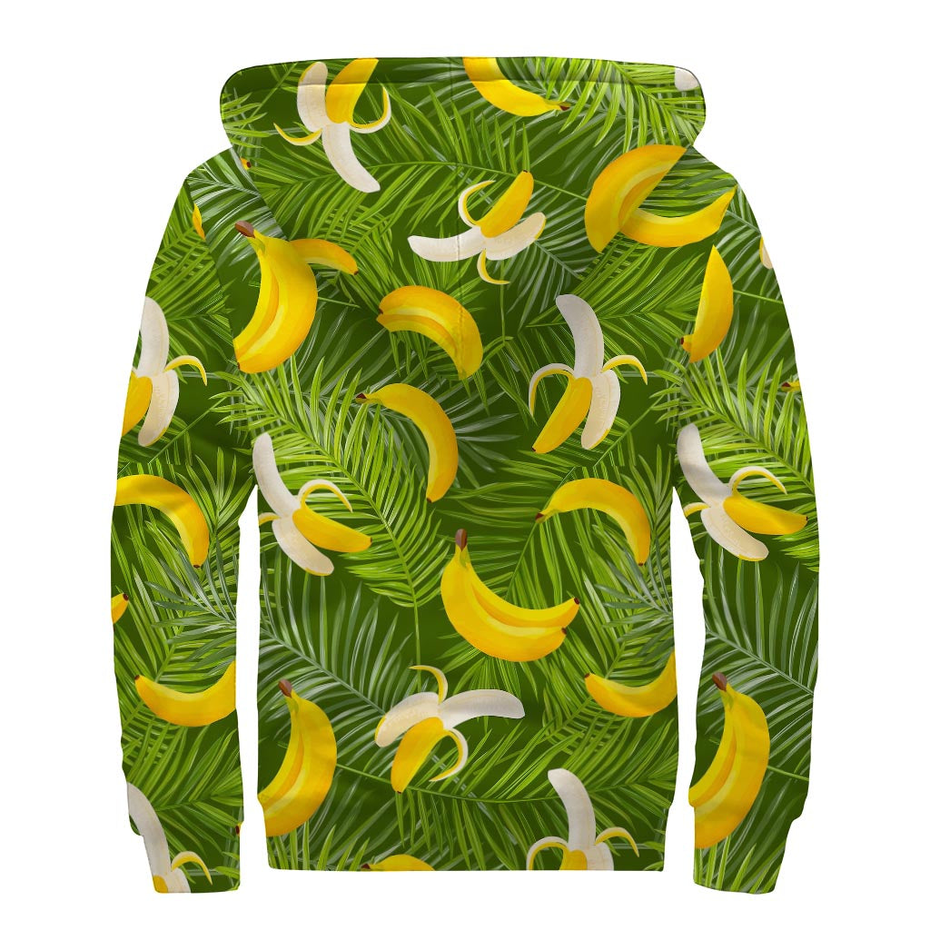 Green Tropical Banana Pattern Print Sherpa Lined Zip Up Hoodie for Groovy Hippies - 2