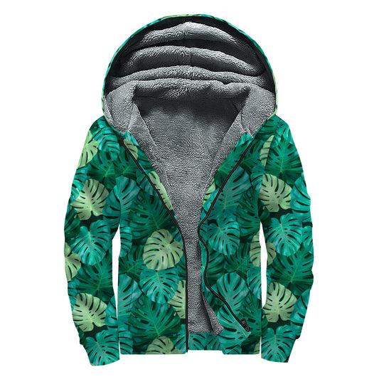 Green Tropical Monstera Pattern Sherpa Zip Up: Embrace Your Inner Hippie Spirit - 1