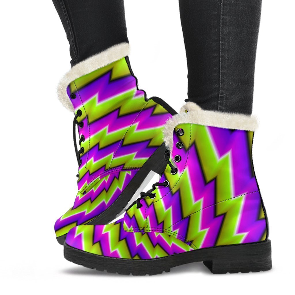 Green Twisted Moving Optical Illusion Faux Fur Leather Boots: Embrace Your Inner Hippie Spirit - 1