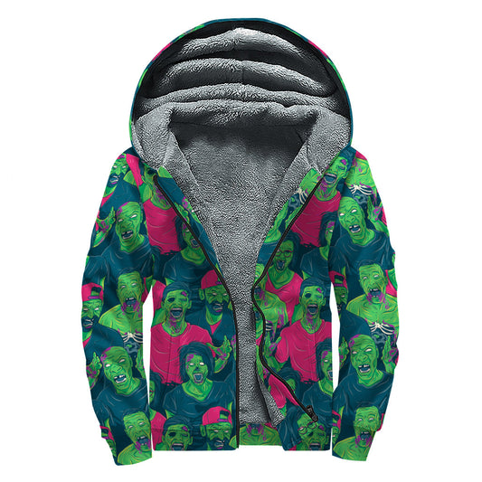 Green Walking Zombie Print Sherpa Lined Zip Up Hoodie for Groovy Hippies - 1