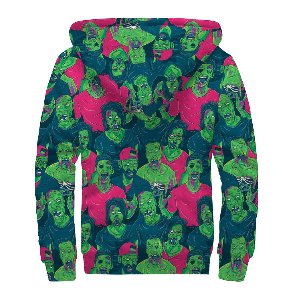 Green Walking Zombie Print Sherpa Lined Zip Up Hoodie for Groovy Hippies - 2