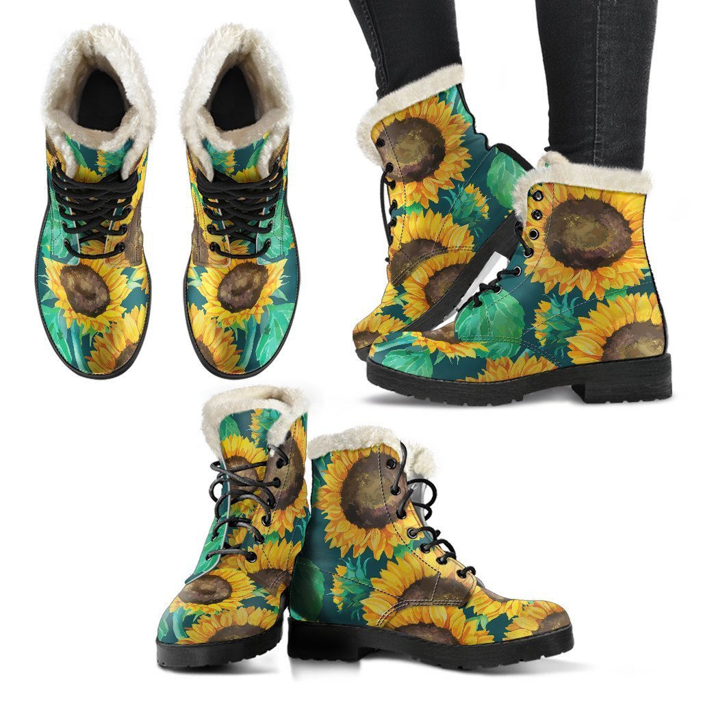 Green Watercolor Sunflower Faux Fur Leather Boots: Embrace Your Inner Hippie Style - 2