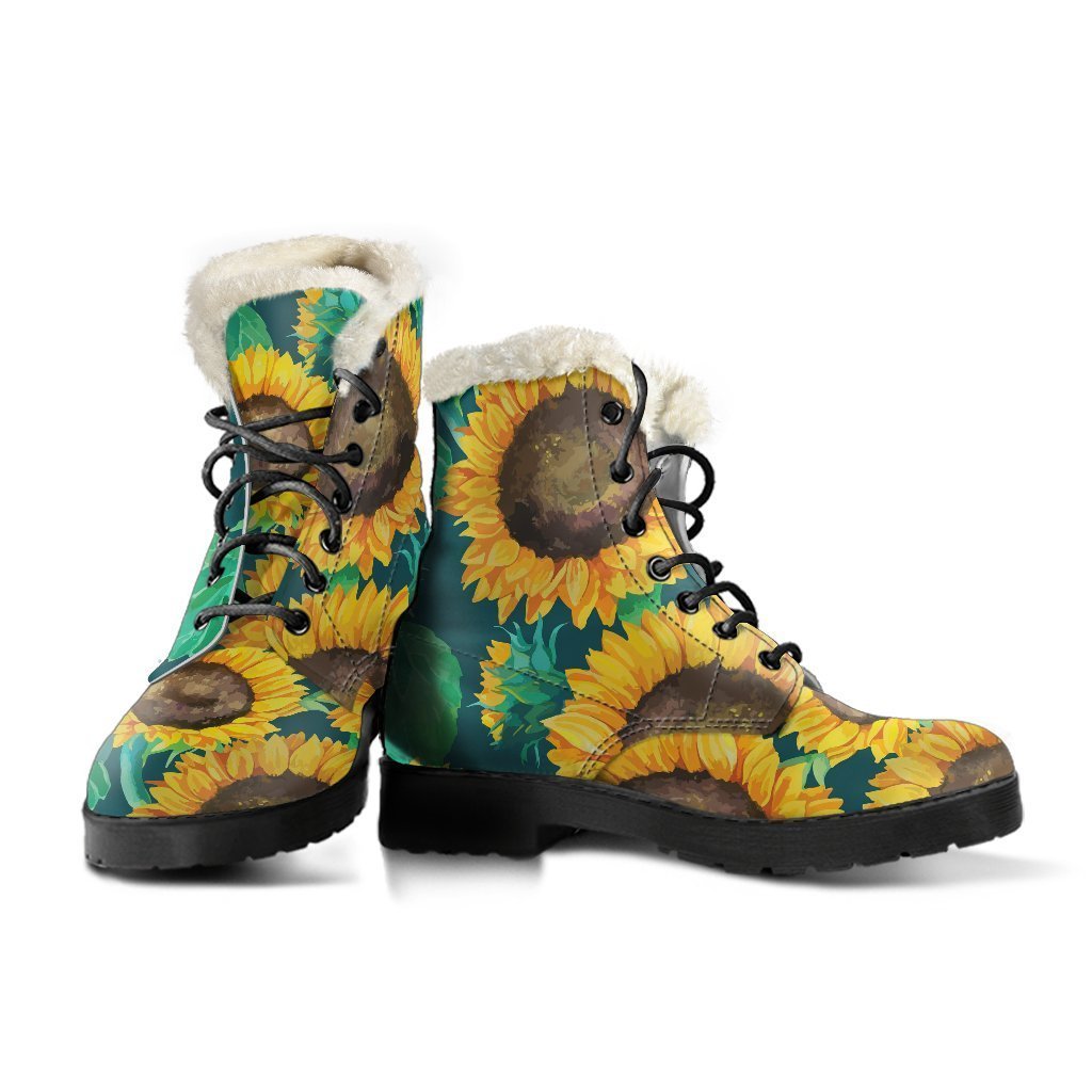 Green Watercolor Sunflower Faux Fur Leather Boots: Embrace Your Inner Hippie Style - 3