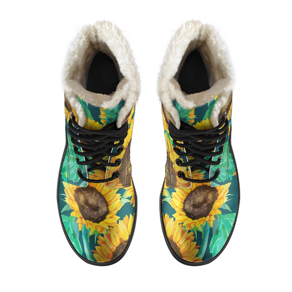 Green Watercolor Sunflower Faux Fur Leather Boots: Embrace Your Inner Hippie Style - 4