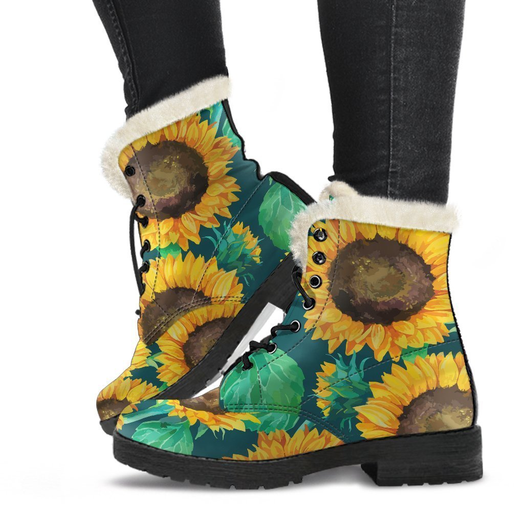 Green Watercolor Sunflower Faux Fur Leather Boots: Embrace Your Inner Hippie Style - 1