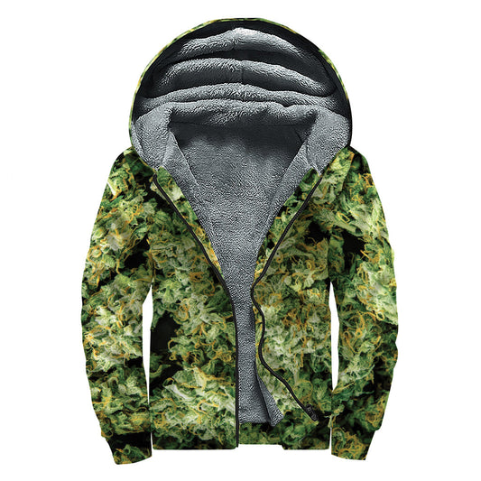 Green Weed Print Sherpa Lined Zip Up Hoodie: Perfect for Groovy Hippies - 1