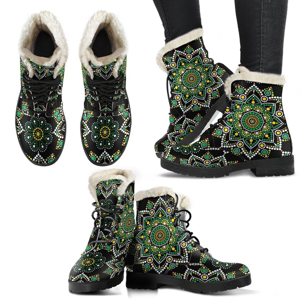 Green and White Dot Mandala Print Faux Fur Leather Hippie Boots - 2