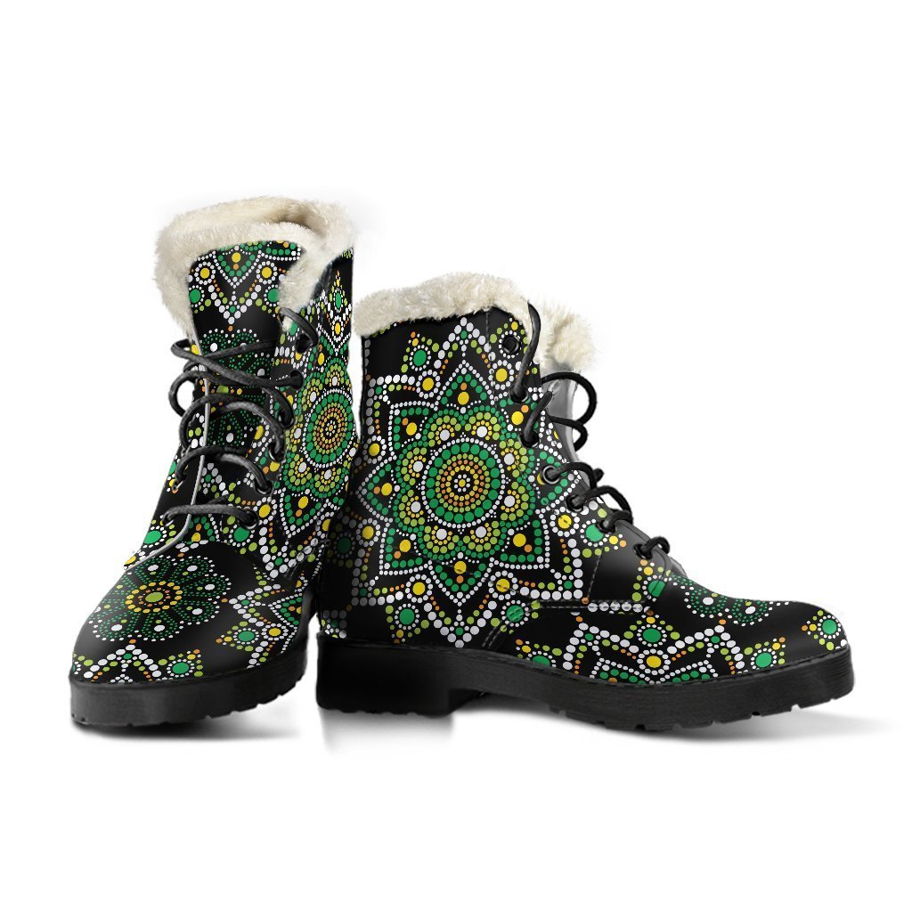 Green and White Dot Mandala Print Faux Fur Leather Hippie Boots - 3