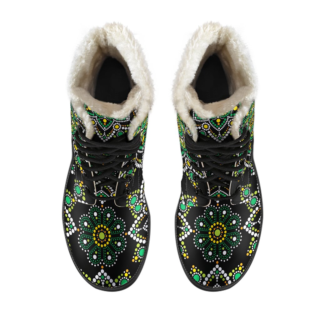 Green and White Dot Mandala Print Faux Fur Leather Hippie Boots - 4