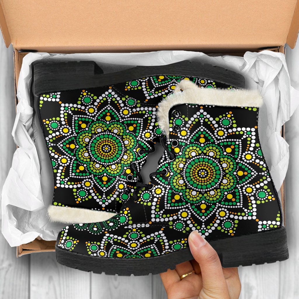 Green and White Dot Mandala Print Faux Fur Leather Hippie Boots - 5