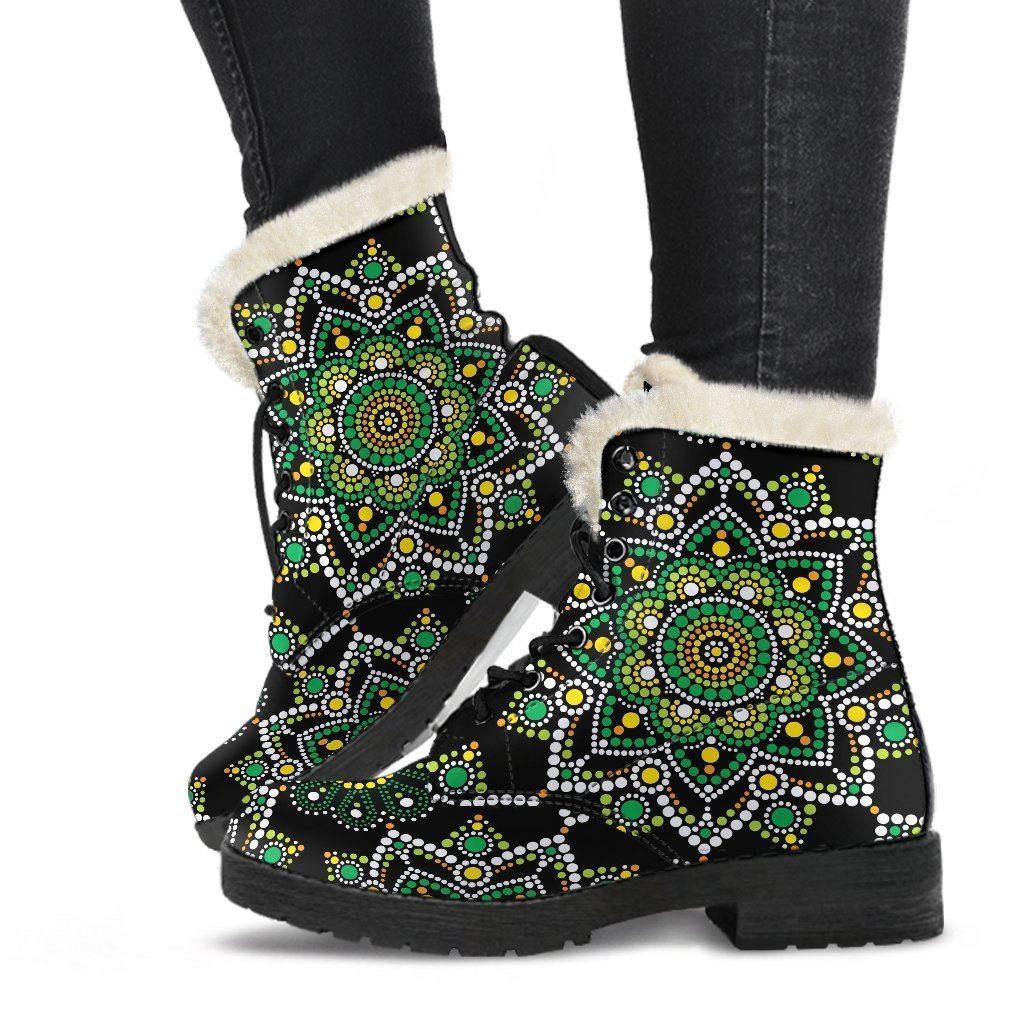 Green and White Dot Mandala Print Faux Fur Leather Hippie Boots - 1