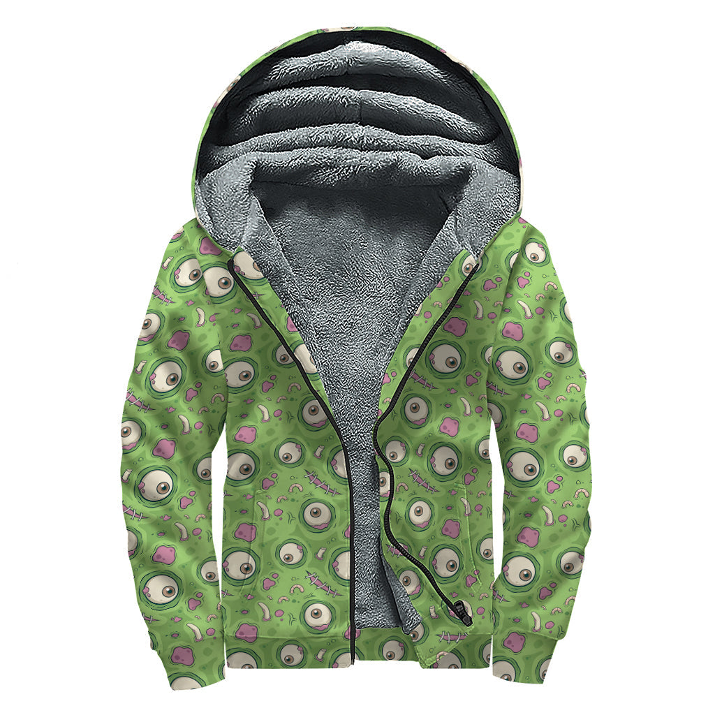 Green Zombie Pattern Print Sherpa Lined Zip Up Hoodie for Groovy Hippies - 1